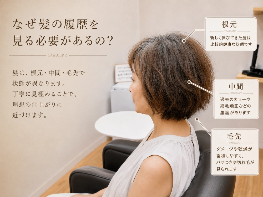 根元・中間・毛先で異なる髪のダメージと施術履歴